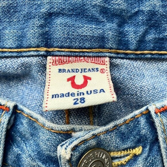 TRUE RELIGION BUDDHA BACK POCKET EMBROIDERY DISTRESSED FLARED RARE CROPPED JEANS - Picture 3 of 9